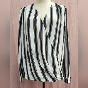 Lumière Faux Cross Wrap Surplice Neck Long Sleeve Vertical Striped Blouse, NEW